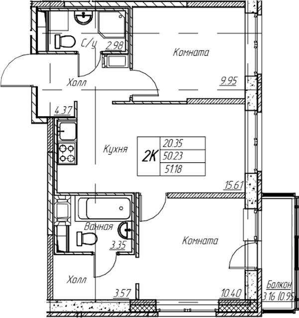 2-комнатная квартира 51.18 м², 19/22 эт., ЖК «Парк-квартал Юнтолово»